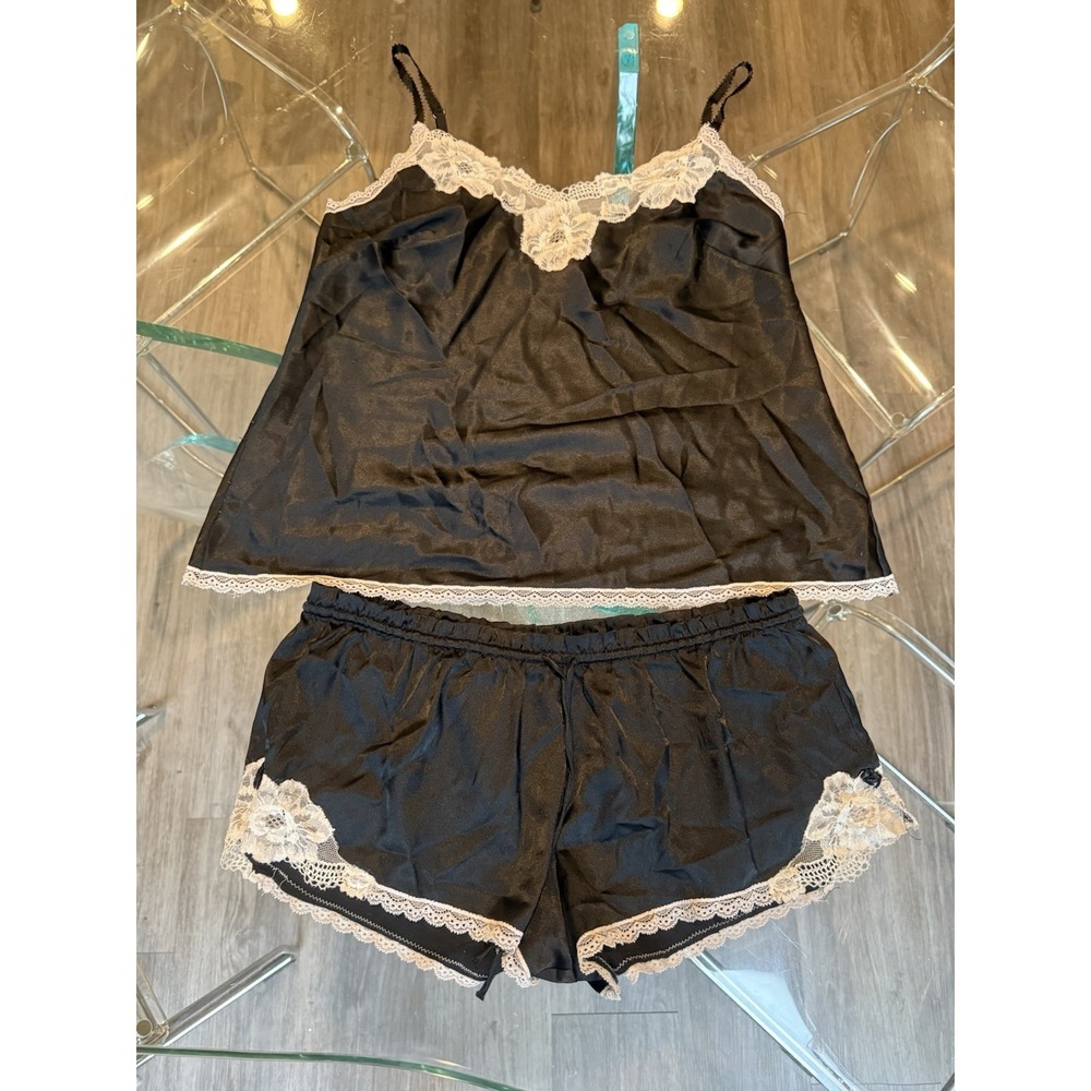 Victoria's Secret Satin Pajama Set Black White Lace Trimmed Cami And Shorts Sz S